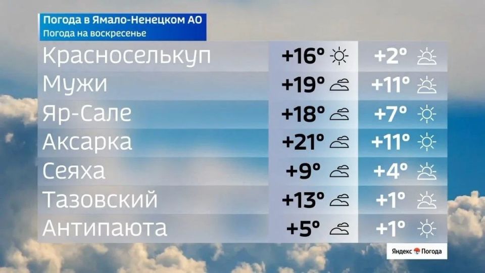 Погода на Ямале: температурные контрасты от +5°C до +21°C Погода на Ямале: температурные контрасты от +5°C до +21°C
