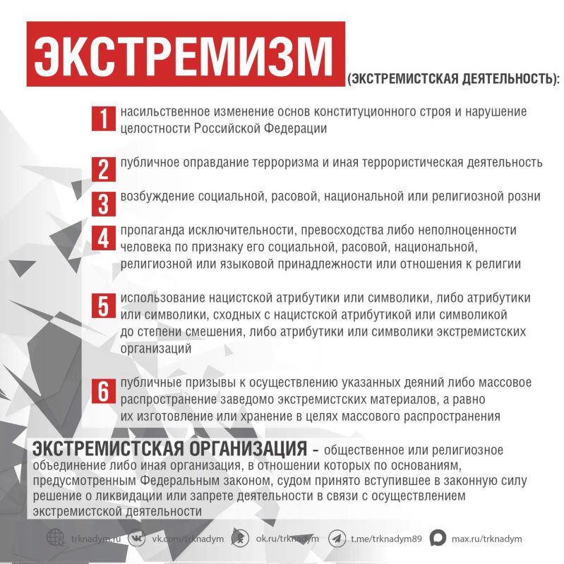 Скажем экстремизму - НЕТ!. Экстремизм может привести к напряжённости в обществе, межнациональным конфликтам, нарушению прав и свобод человека, террористическим действиям, а экстремистские организации призывают к террору... Скажем экстремизму - НЕТ!. Экстремизм может привести к напряжённости в обществе, межнациональным конфликтам, нарушению прав и свобод человека, террористическим действиям, а экстремистские организации призывают к террору...
