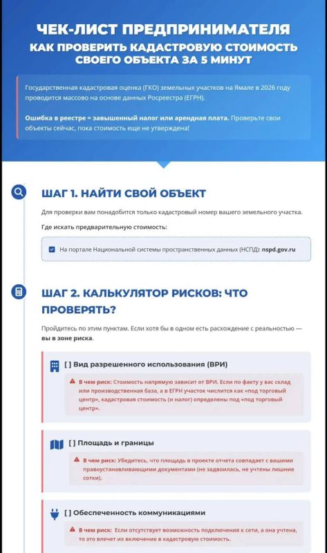 Департамент имущественных отношений ЯНАО информирует предпринимателей, как проверить кадастровую стоимость своего объекта за 5 минут