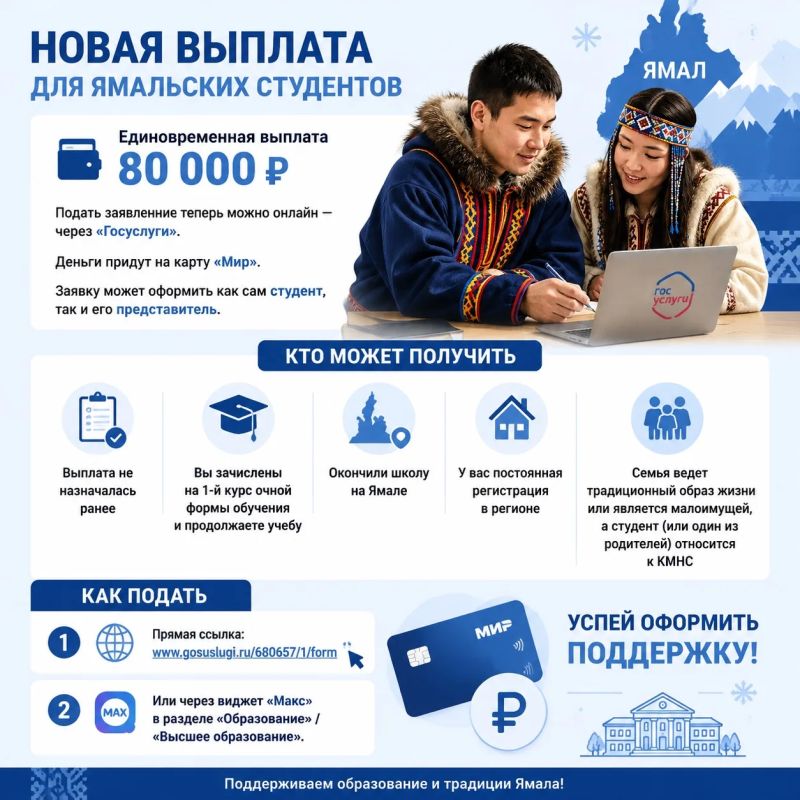 Студентам-первокурсникам Ямала: выплату 80 000 рублей теперь можно оформить на Госуслугах