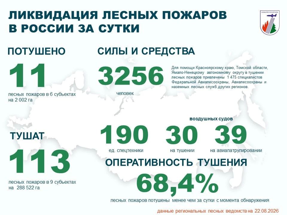 За прошедшие сутки в России потушено 11 лесных пожаров в 6 регионах