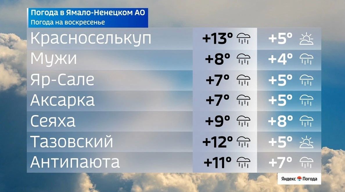 Дождливое воскресенье: погода на Ямале 30 августа Дождливое воскресенье: погода на Ямале 30 августа