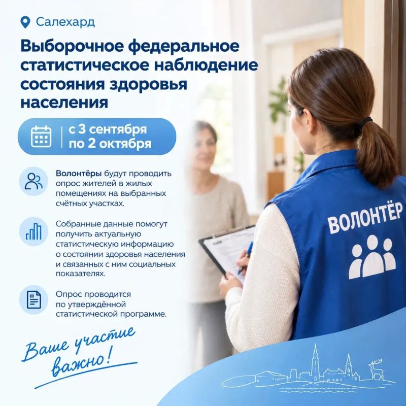 Уважаемые горожане!. С 3 сентября по 2 октября в Салехарде проходит выборочное федеральное статистическое наблюдение состояния здоровья населения